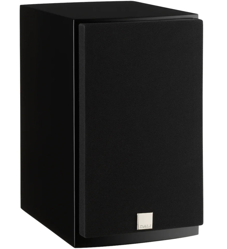 Black DALI Menuet passive bookshelf speakers with grille, showcasing compact design and sleek finish.