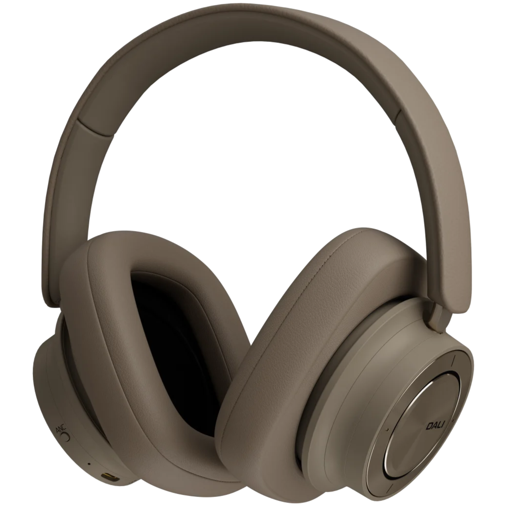 DALI iO-12 wireless headphones in mocha grey with cushioned ear cups and adjustable headband, showcasing sleek modern design