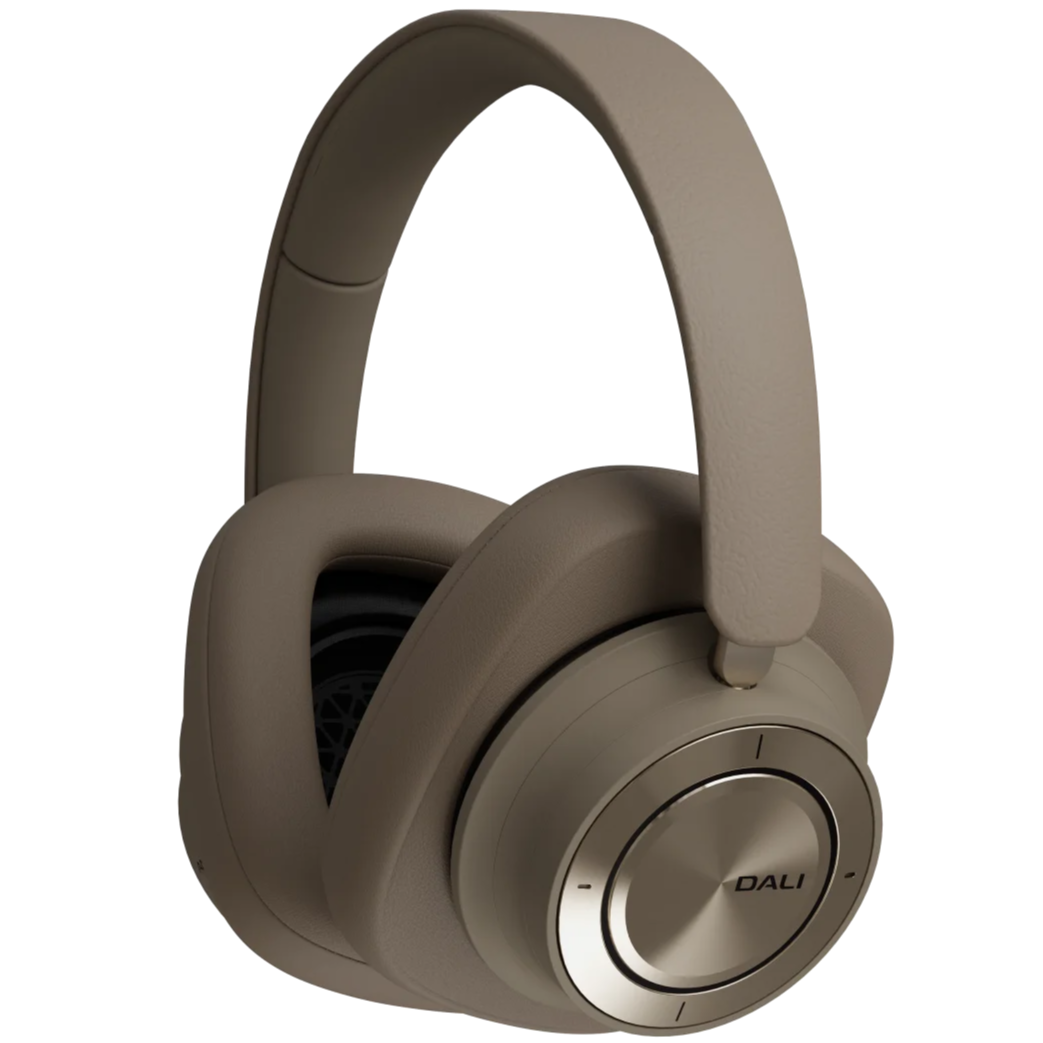 DALI iO-12 wireless headphones in mocha grey with cushioned ear cups and headband, showcasing a sleek, modern design.