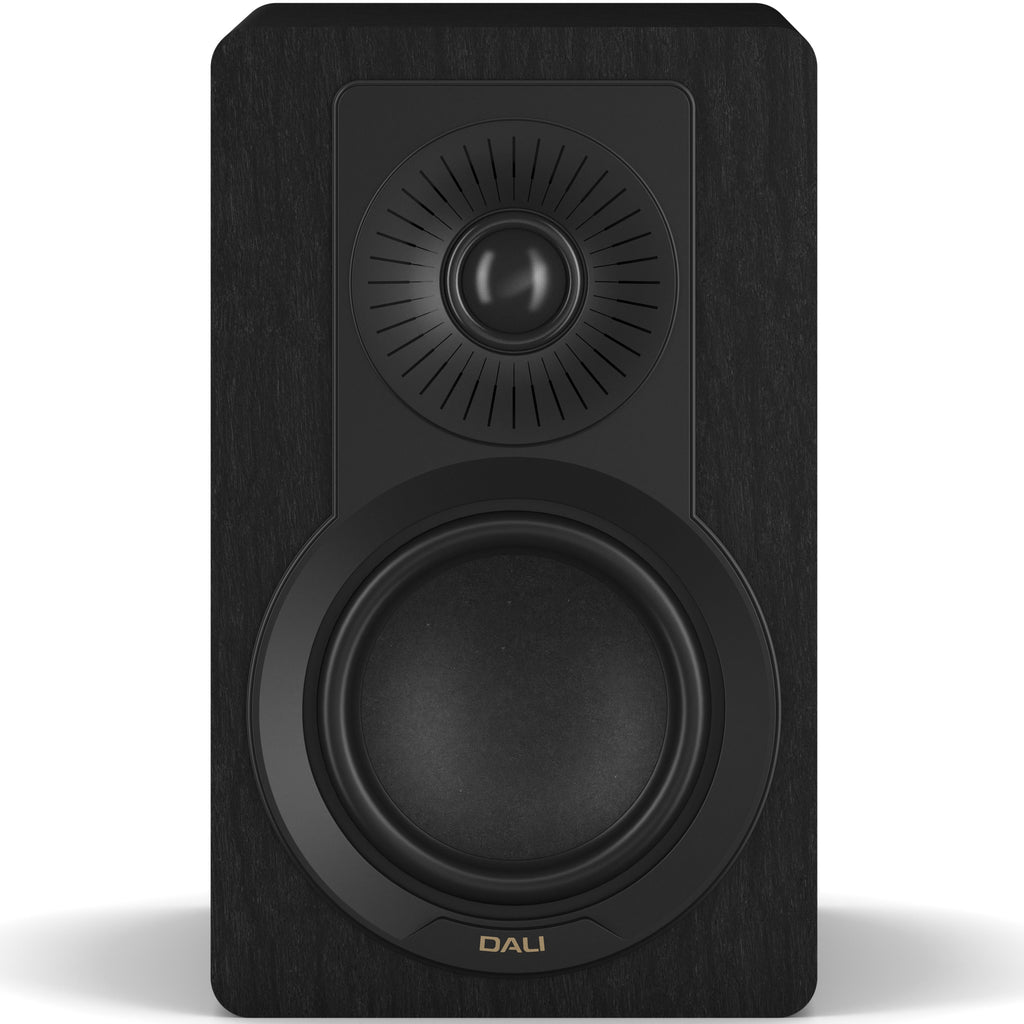 DALI Kupid passive bookshelf speakers with black ash finish, showcasing the sleek design and compact size of the DALI audio speakers.