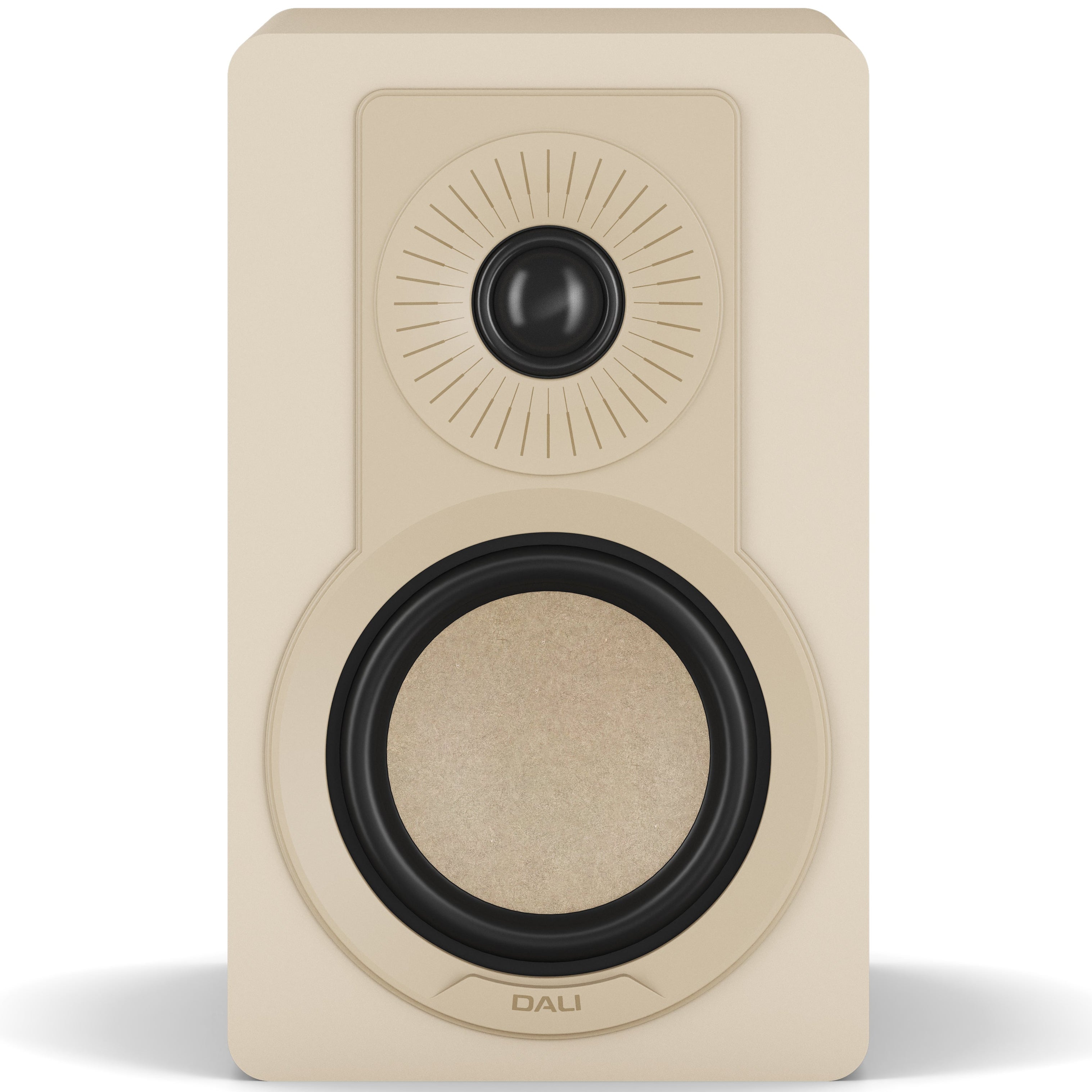DALI Kupid passive bookshelf speakers with caramel white grill and wood finish, showcasing modern audio design and compact size.