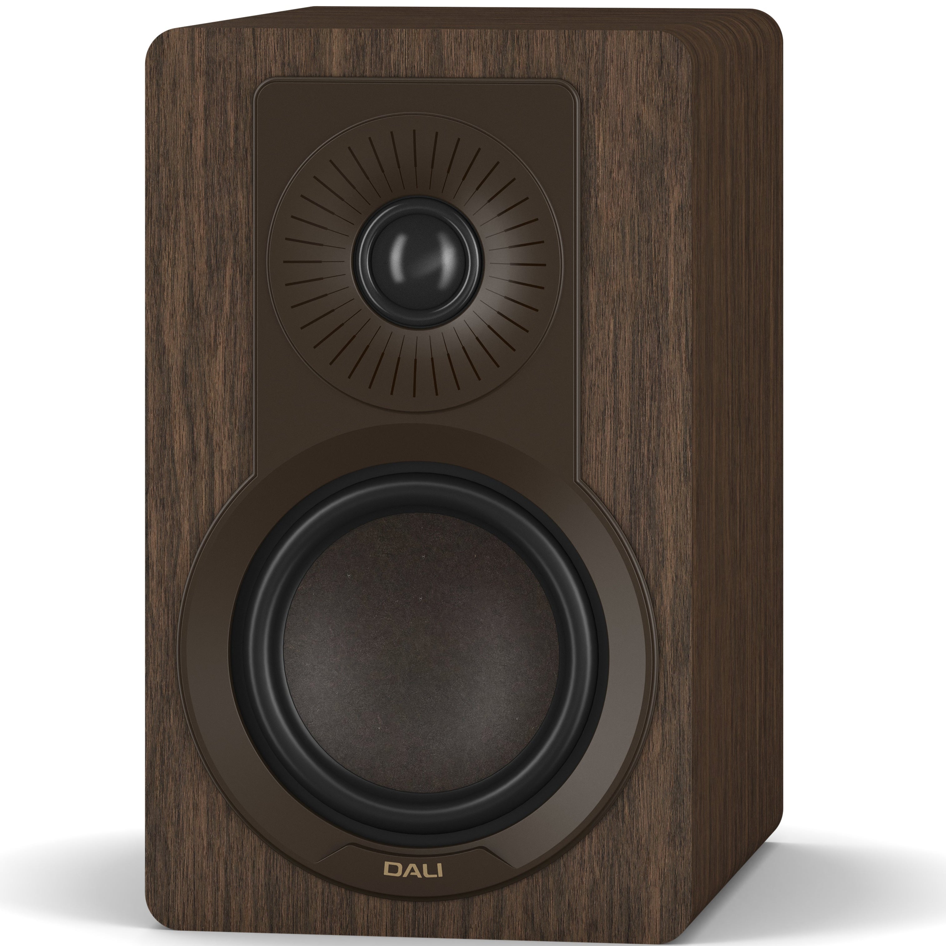 DALI Kupid passive bookshelf speakers with dark walnut finish and grill cover, showcasing sleek wood grain design.