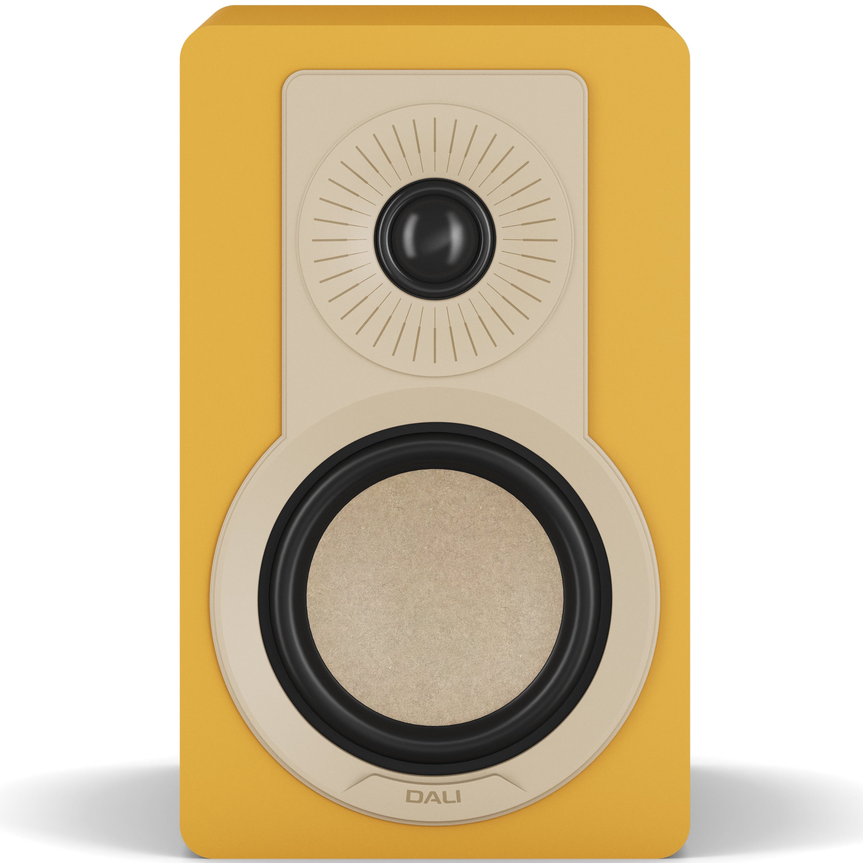 DALI Kupid passive bookshelf speaker with a golden yellow grille and sleek design, showcasing modern audio equipment.