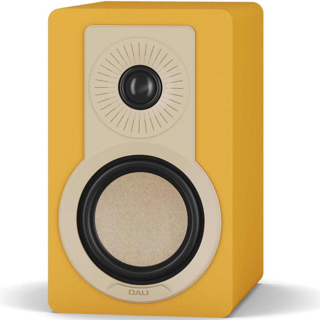 DALI Kupid passive bookshelf speakers with golden yellow grills and sleek design, showcasing compact audio speakers.