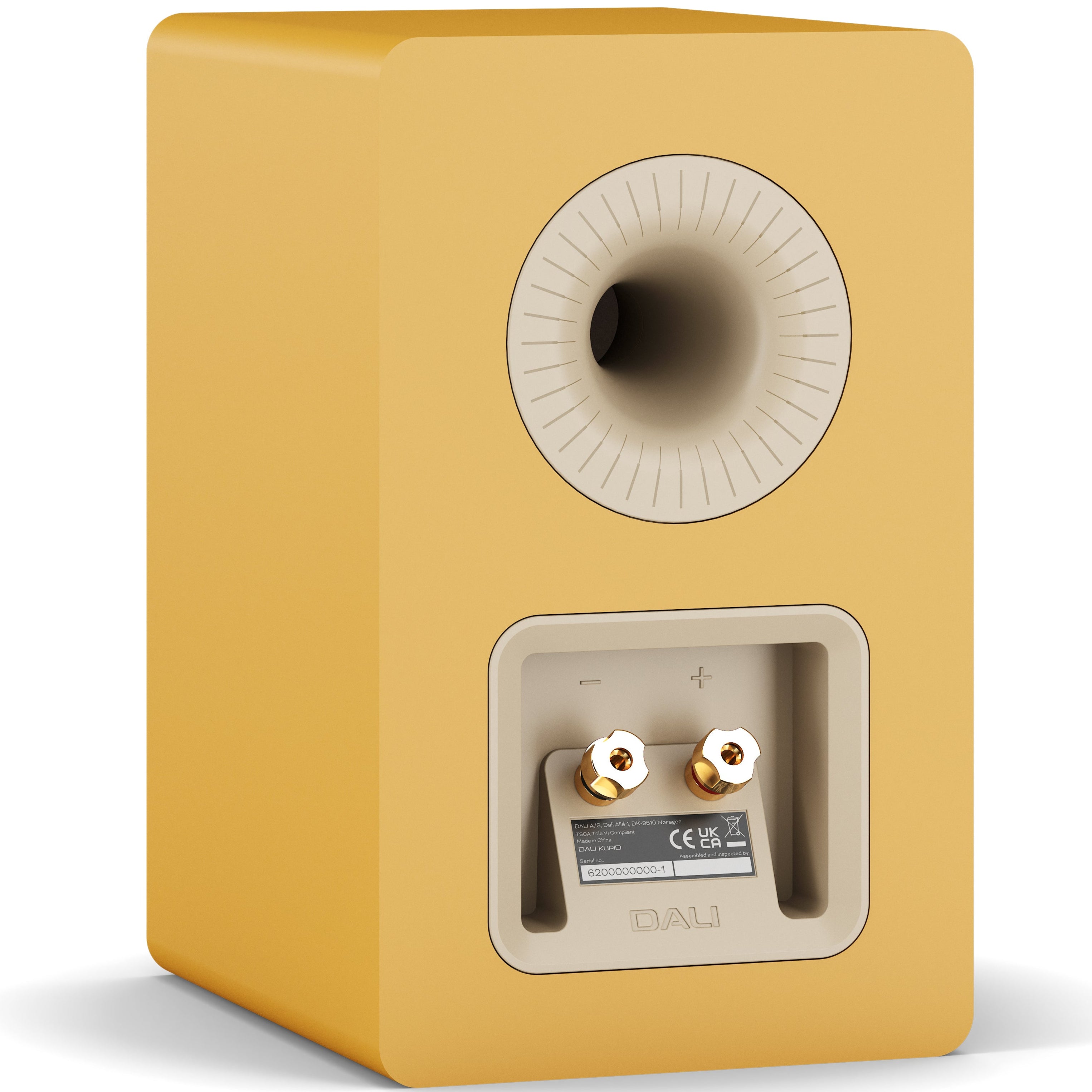 DALI Kupid passive bookshelf speakers with golden yellow grills, showcasing sleek design and modern audio craftsmanship.