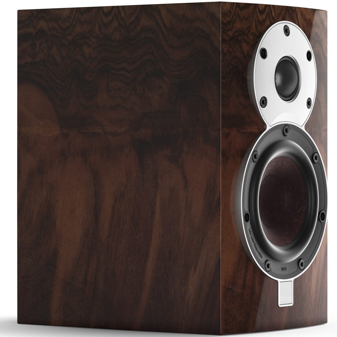 DALI Menuet SE passive bookshelf speakers seen from the side, showcasing their compact design and stylish black finish.
