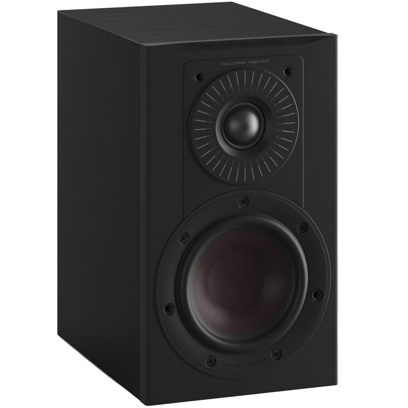 Black DALI Opticon 1 MK2 passive bookshelf speakers with sleek design and compact size, ideal for home audio systems.