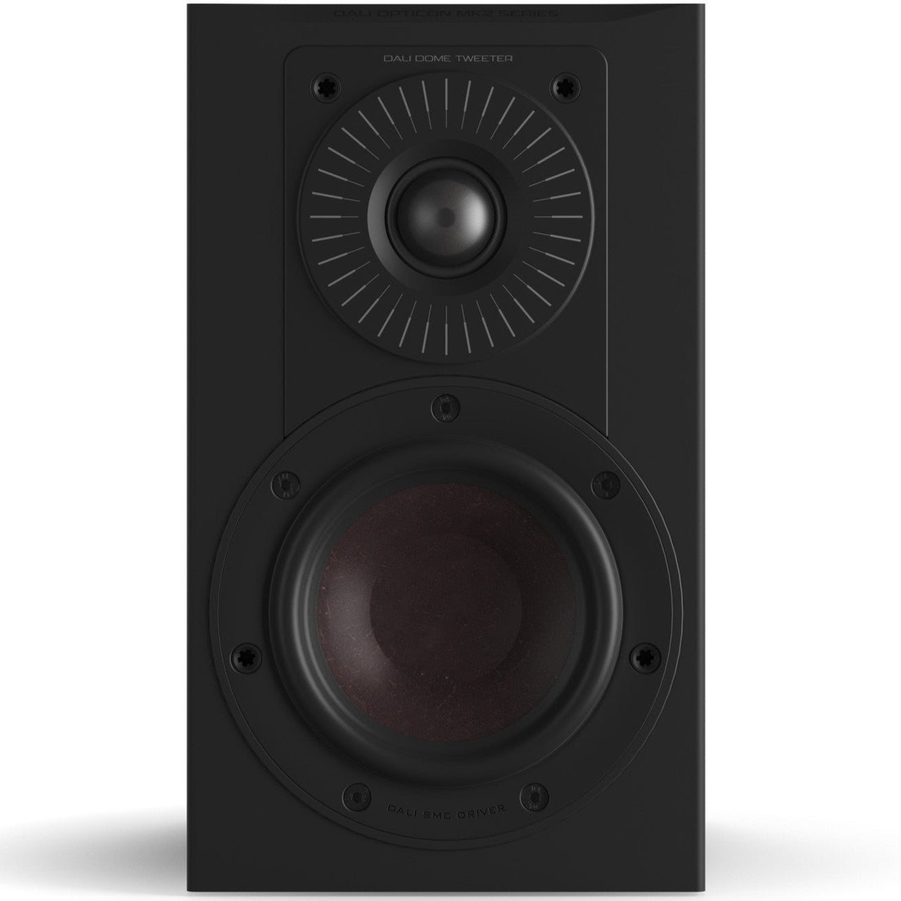 Black DALI Dali Opticon 1 MK2 passive bookshelf speakers, showing the sleek front and detailed driver components.
