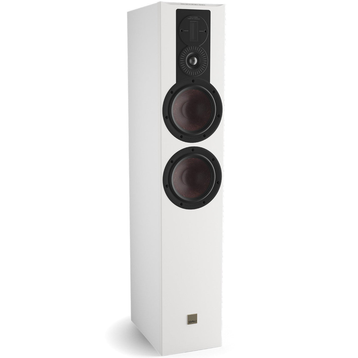 DALI Opticon 6 MK2 passive floorstanding speakers with white finish, showcasing sleek design and large drivers for high-quality sound.