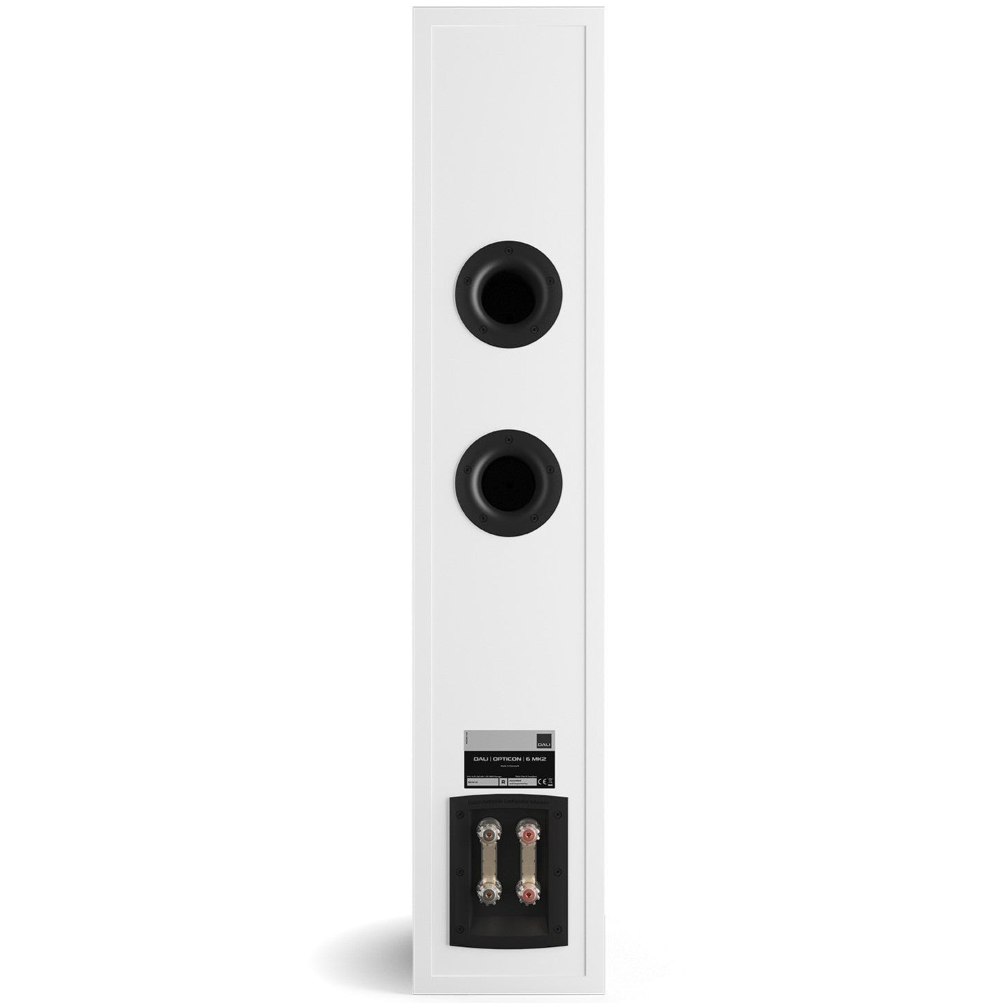 DALI Opticon 6 MK2 passive floorstanding speaker with white finish, showcasing its sleek design and large drivers.