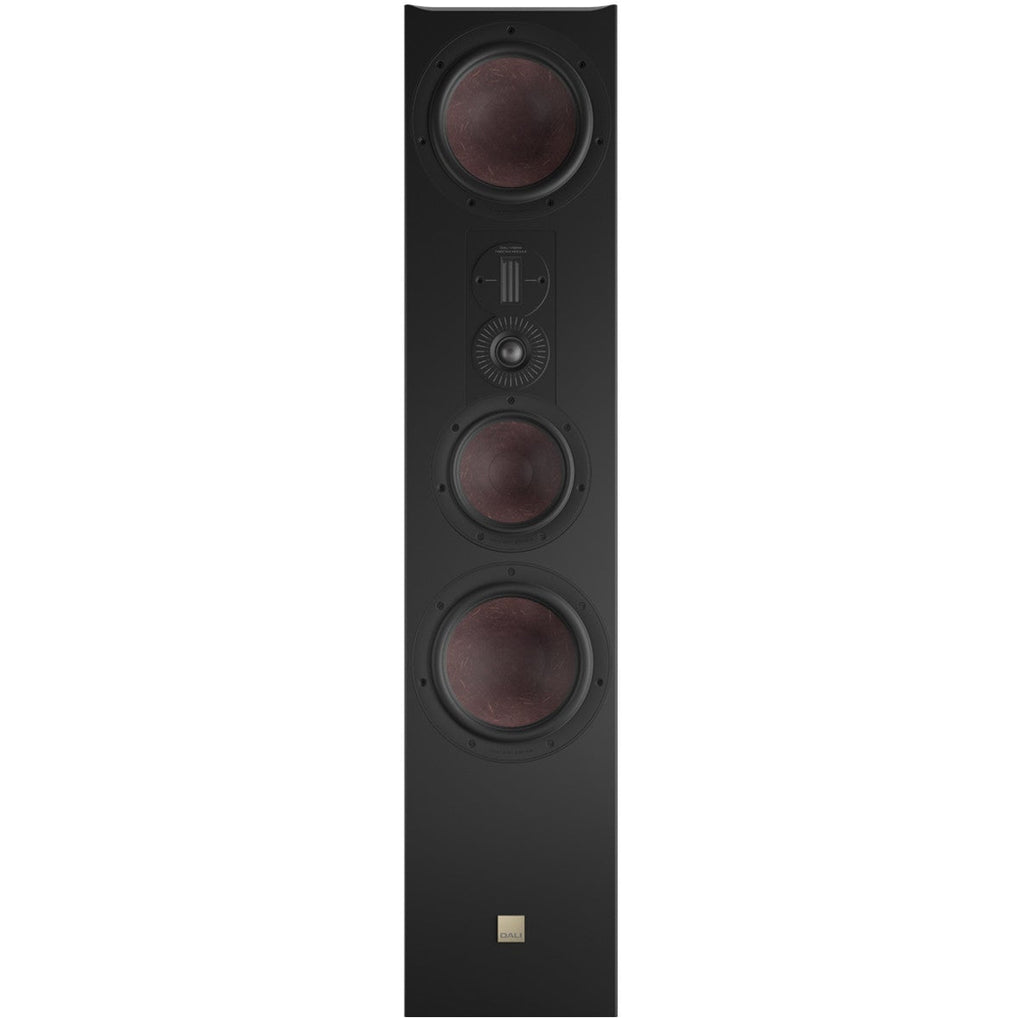 DALI Opticon 8 MK2 passive floorstanding speakers with sleek black finish and modern design, front view showcasing speaker drivers.