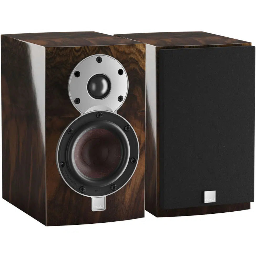 DALI Menuet SE passive bookshelf speakers with black front grille and wooden side panels, compact and stylish home audio speakers