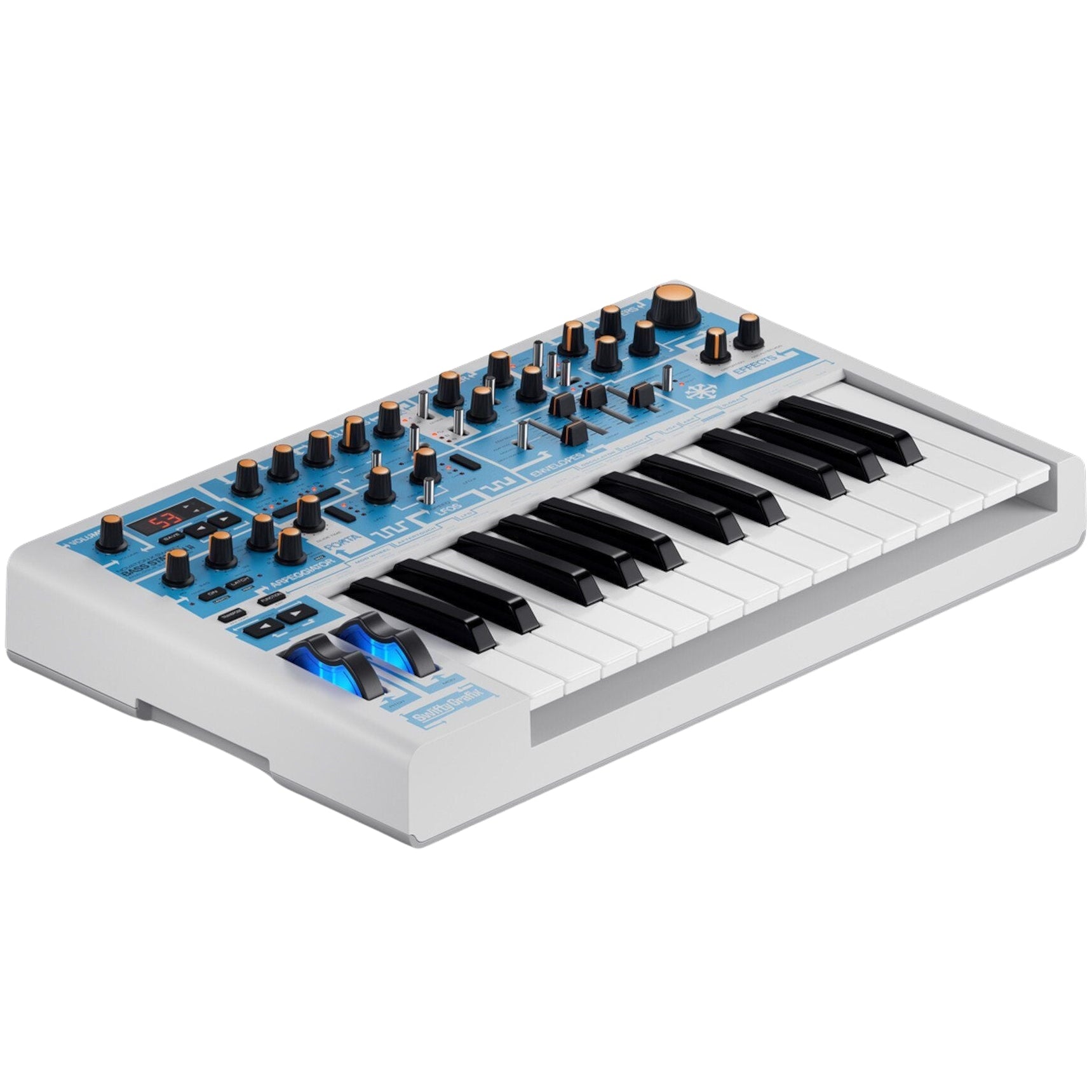 Novation Bass Station II Swifty Edition synthesizer with knobs, keys, and display visible on a sleek electronic music instrument.