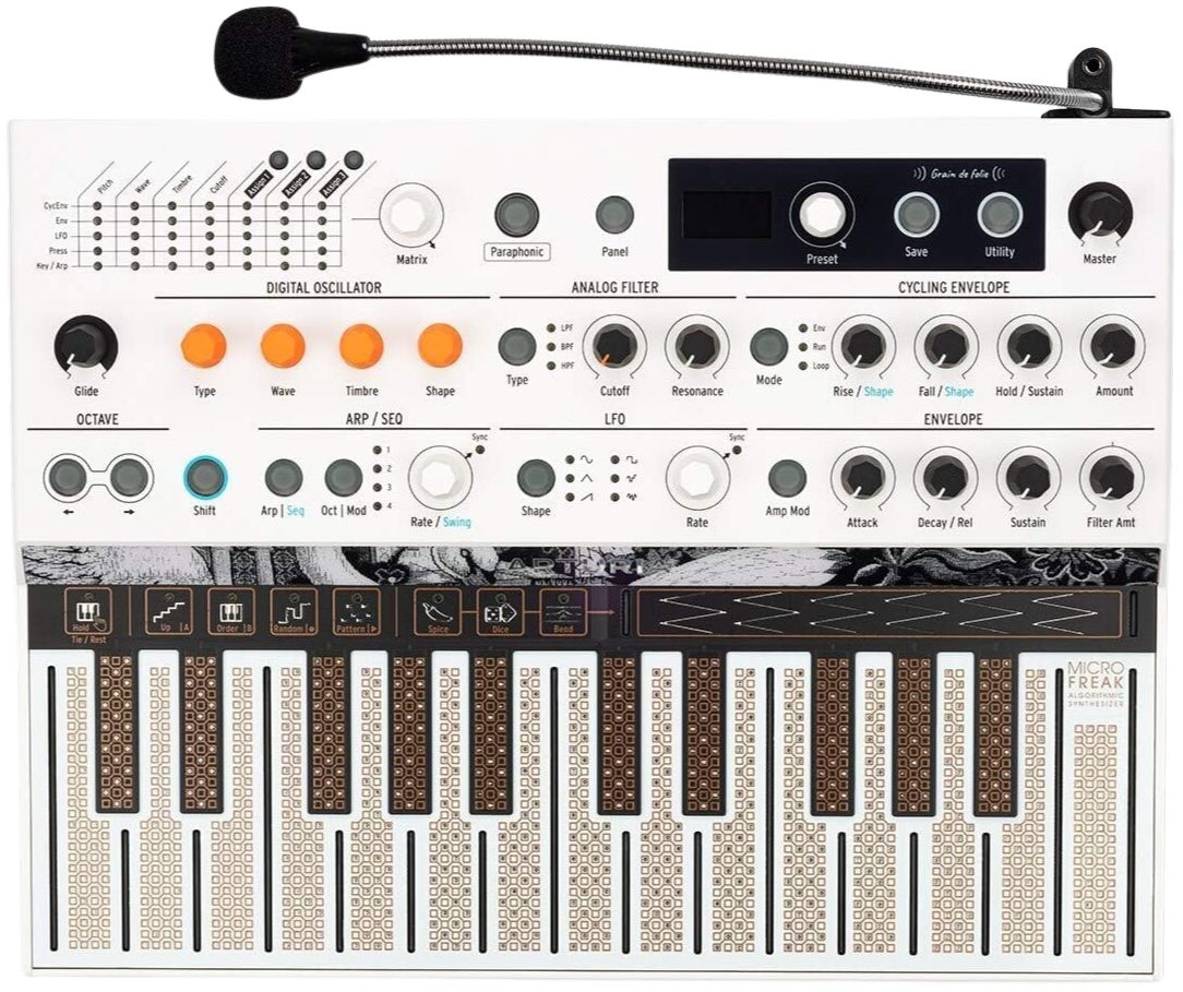 Arturia MicroFreak Vocoder Edition synthesizer with compact keyboard and control panel, featuring colorful interface and built-in vocoder.