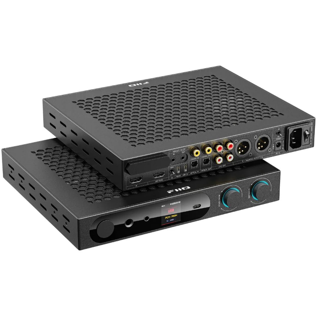 FiiO K19 headphone amplifier and DAC in black with front input and control knobs, compact audio device for high-quality sound.