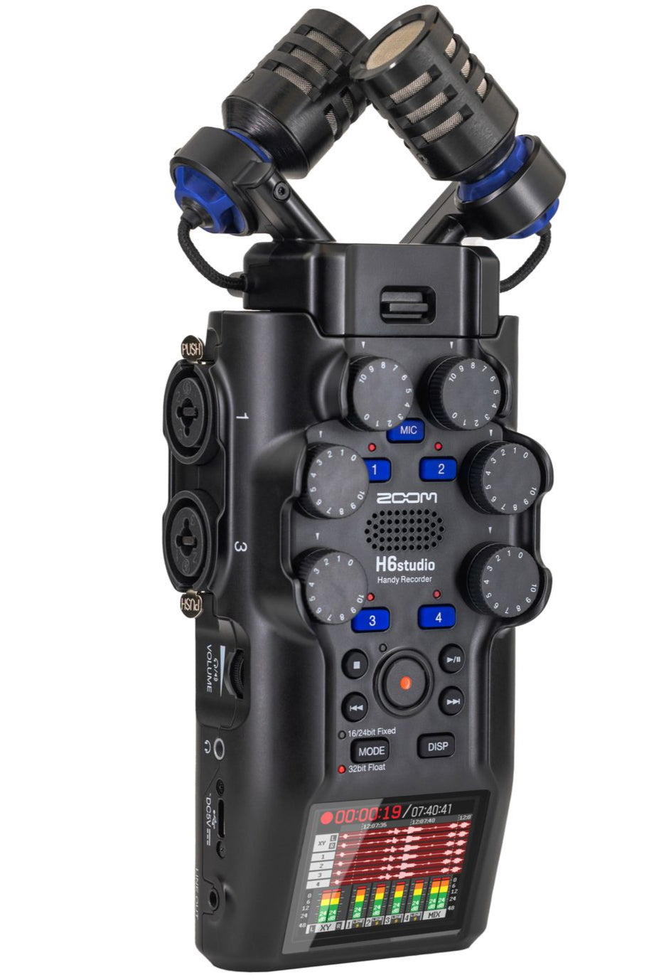 Zoom H6studio digital recorder with multiple input ports and built-in microphones, shown in a close-up shot.