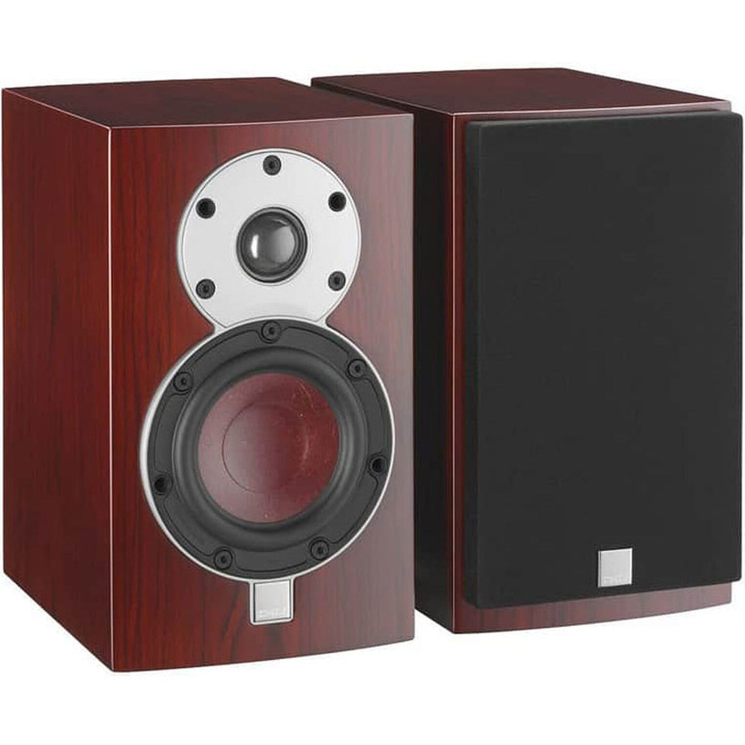 DALI Menuet passive bookshelf speakers showing sleek wooden finish and compact design on a stand.