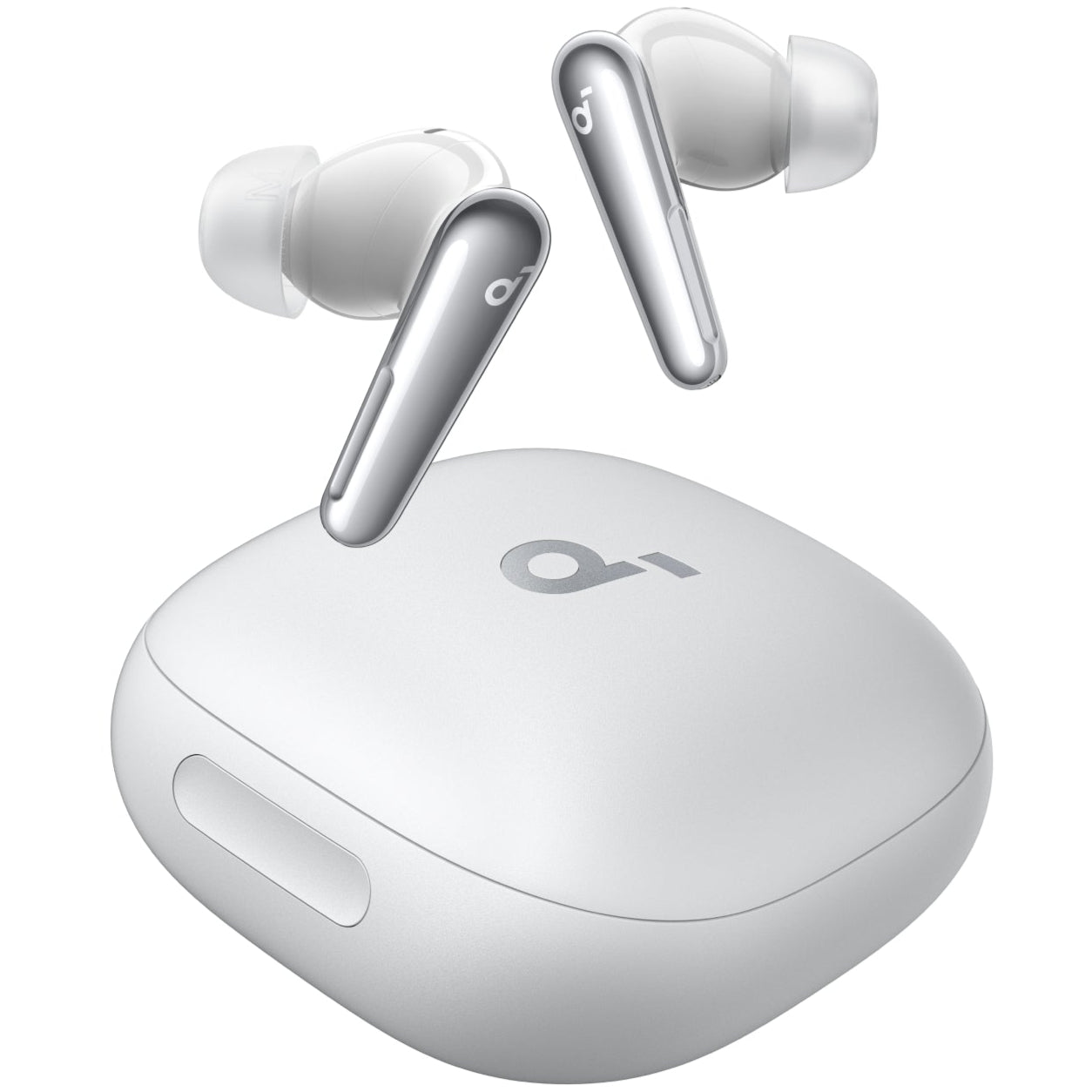 White Soundcore Liberty 4 Pro wireless in-ear headphones with sleek design and ergonomic fit.