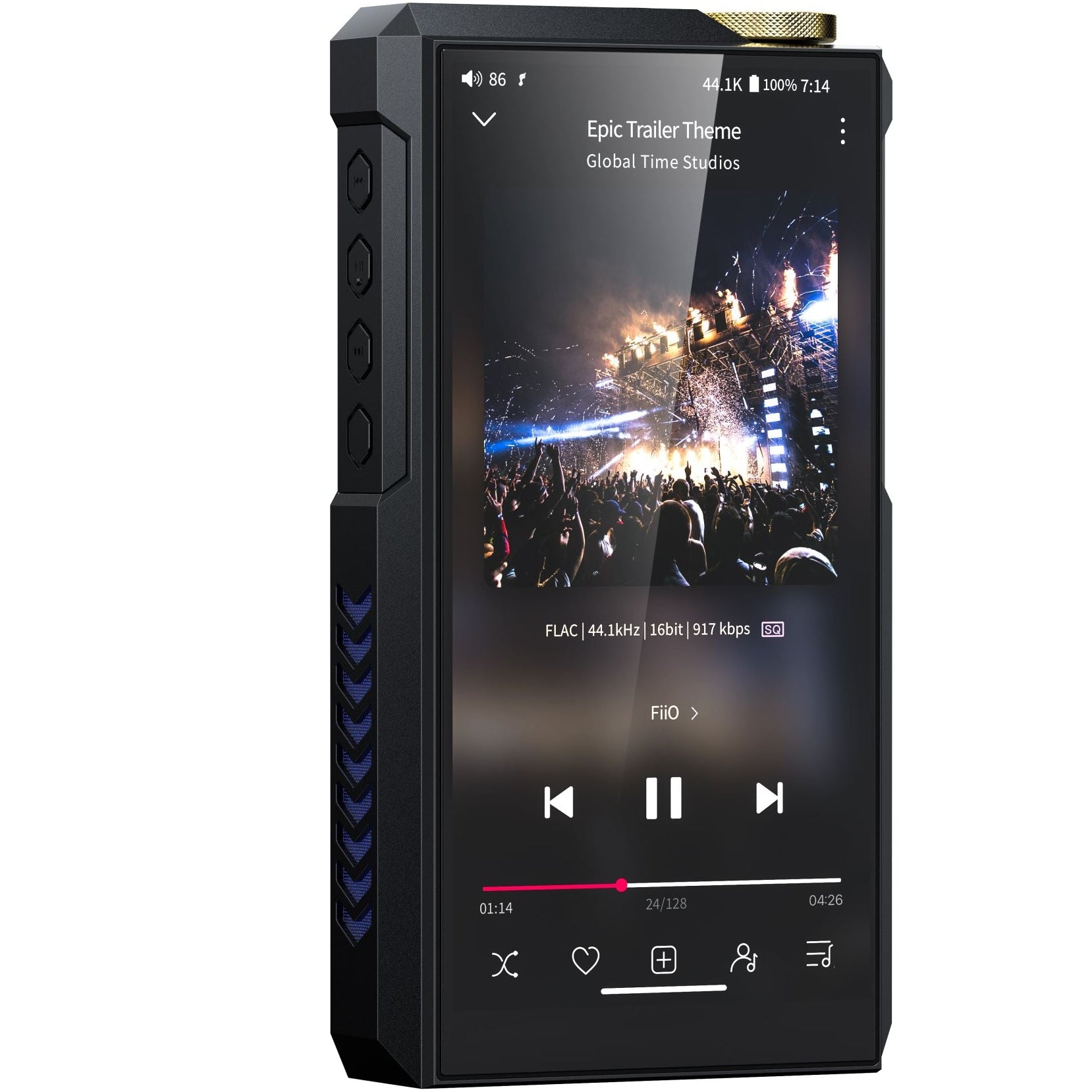 FiiO M27 portable music player with sleek black design, touchscreen display, and multiple control buttons on the front.