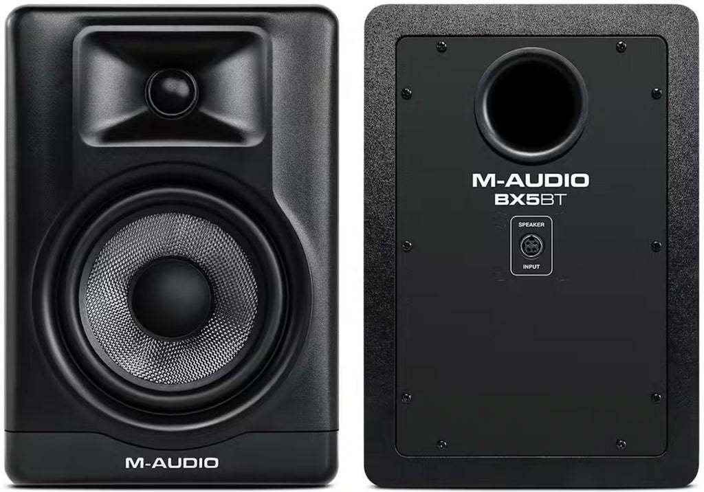 M-Audio BX5 BT active nearfield monitors with black cabinets and front-facing controls for professional audio monitoring.