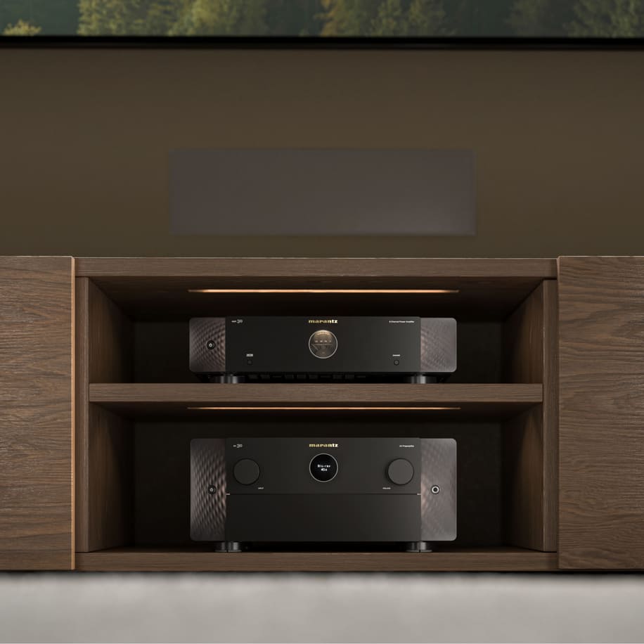 Marantz AV 30 stereo amplifier and AMP 30 lifestyle setup with sleek black design and modern audio equipment.