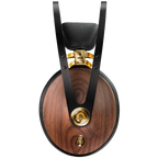 Close-up of Meze Audio 99 Classics 2nd Gen wired headphones with wooden ear cups and black headband, showing detailed craftsmanship.