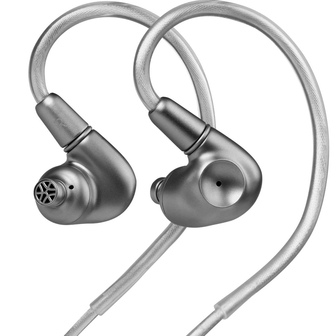 Meze Audio Astru wired in-ear monitor headphones with sleek design and black earbuds, showing the detailed ear tips.
