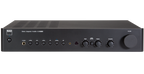 NAD C316BEE V2 stereo amplifier front view showing sleek black design with control knobs and input ports.