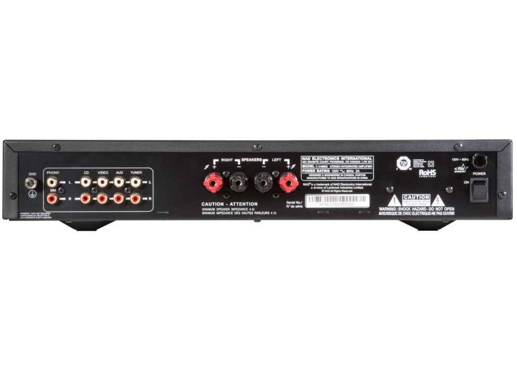 Rear view of NAD C316BEE V2 stereo amplifier showing input and output connections on the NAD stereo amplifier.