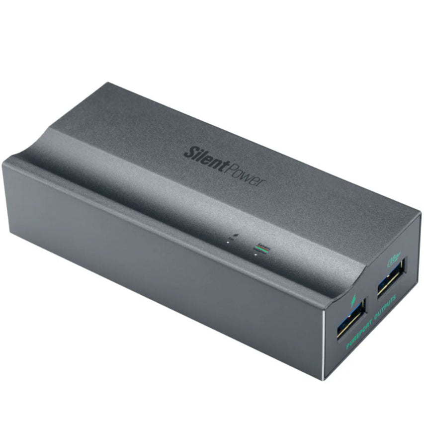 SilentPower USB iPurifier Pro noise filter and conditioner for improved USB power quality, compact design with sleek black finish.