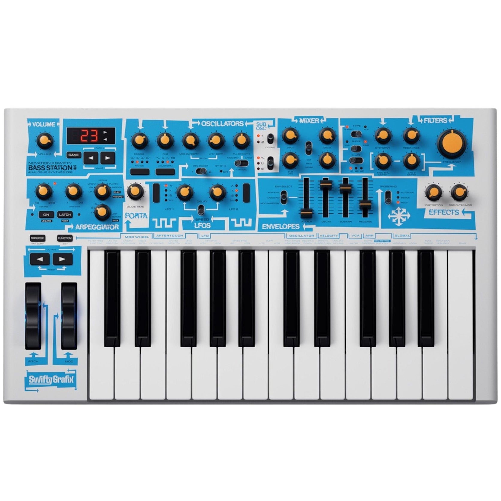 Novation Bass Station II Swifty Edition synthesizer with control knobs and keyboard visible in the image.
