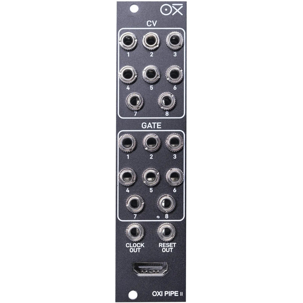 Front view of OXI Instruments Pipe MKII semi-modular synthesizer with colorful patch cables and control knobs.