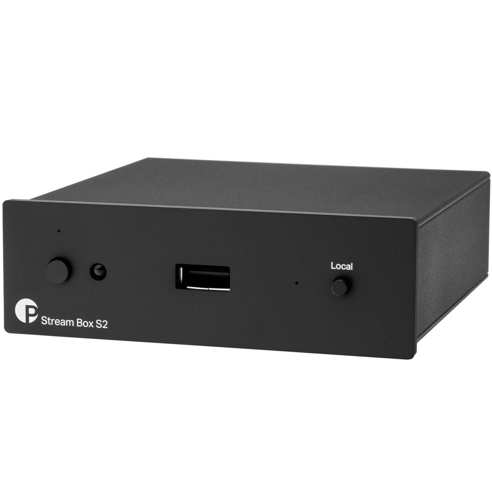 Pro-Ject Stream Box S2 music streamer with sleek front view, featuring control buttons and display screen, for high-quality audio streaming.