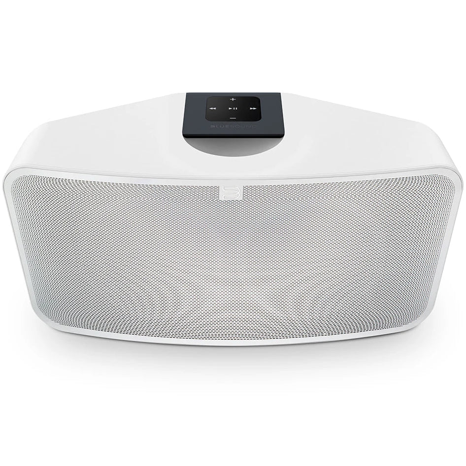 Bluesound Pulse 2i wireless speaker in white, front and above view showing sleek design and control panel.