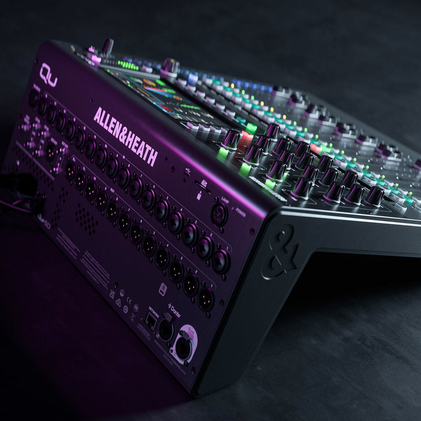 Allen & Heath Qu-5 digital mixer with multiple input channels and control knobs, front view showing interface and display.