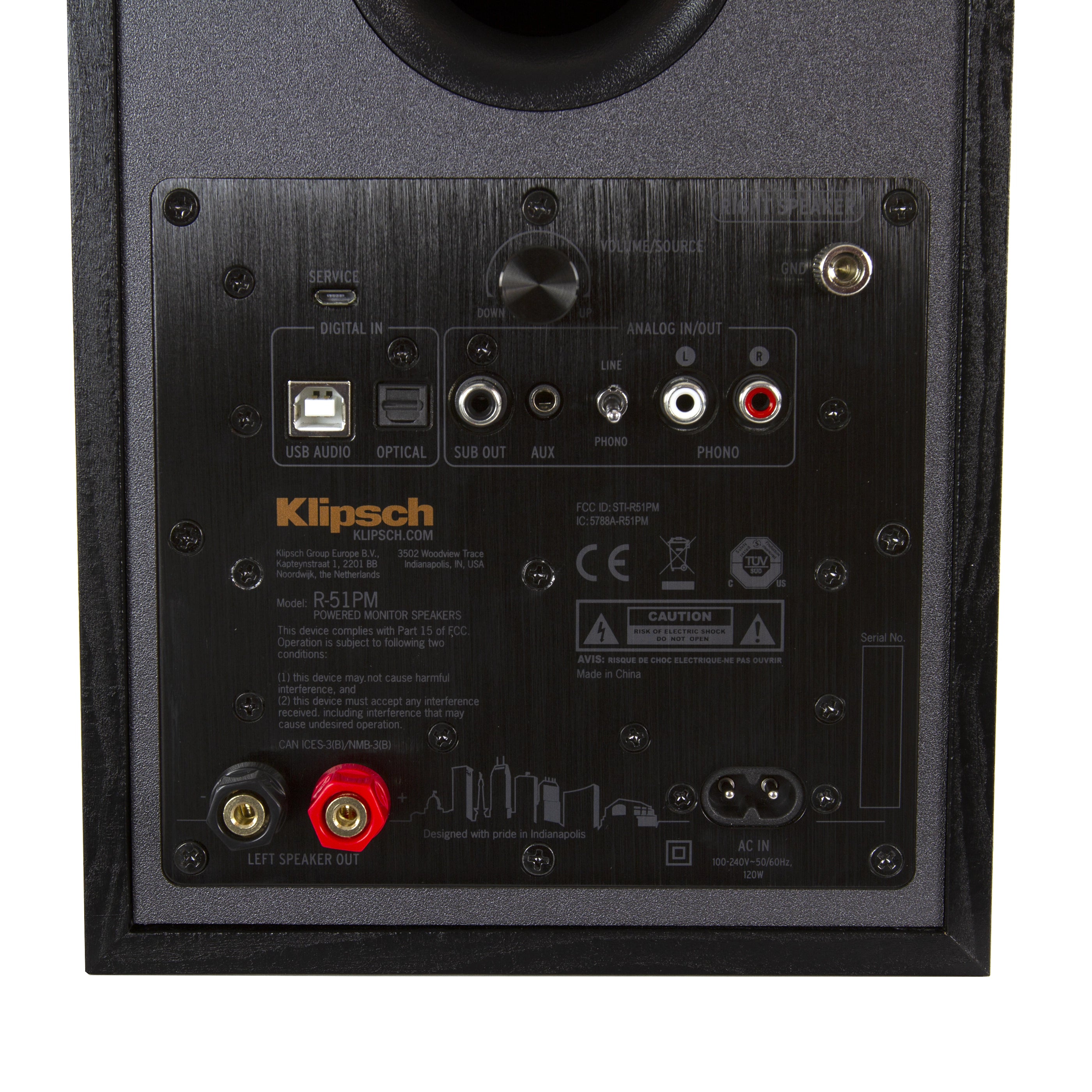 Klipsch R-51PM active bookshelf speakers with front input panel and sleek black finish, ideal for high-quality audio.