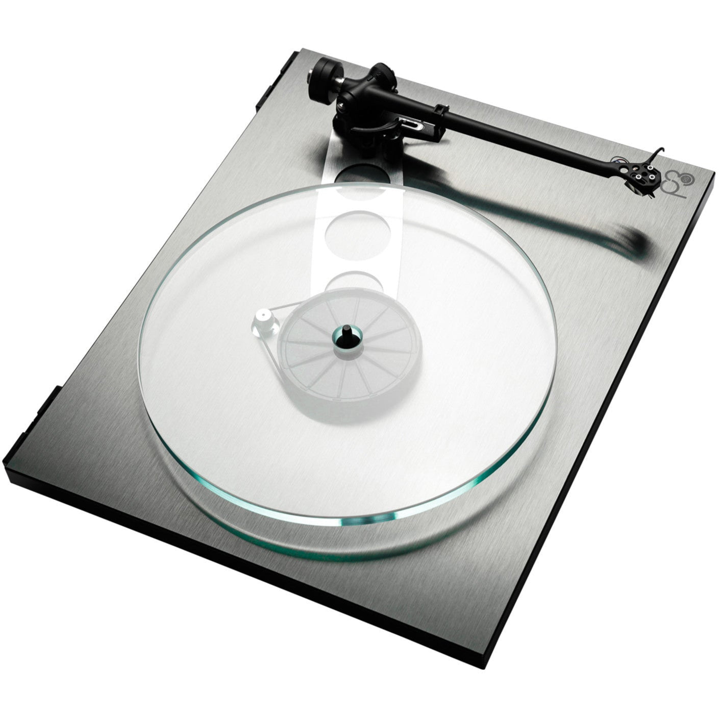 Rega Planar 3 RS turntable with aluminum platter and Nd5 cartridge, shown from a top angle.