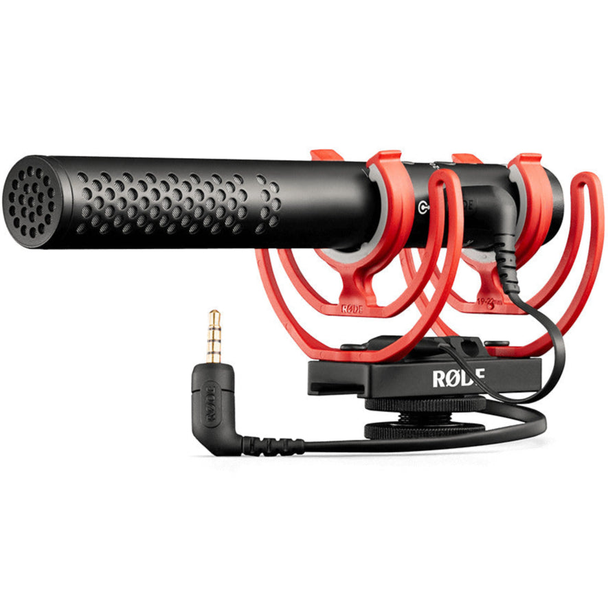 Rode VideoMic NTG camera microphone with black design and adjustable mounting, suitable for professional audio recording.