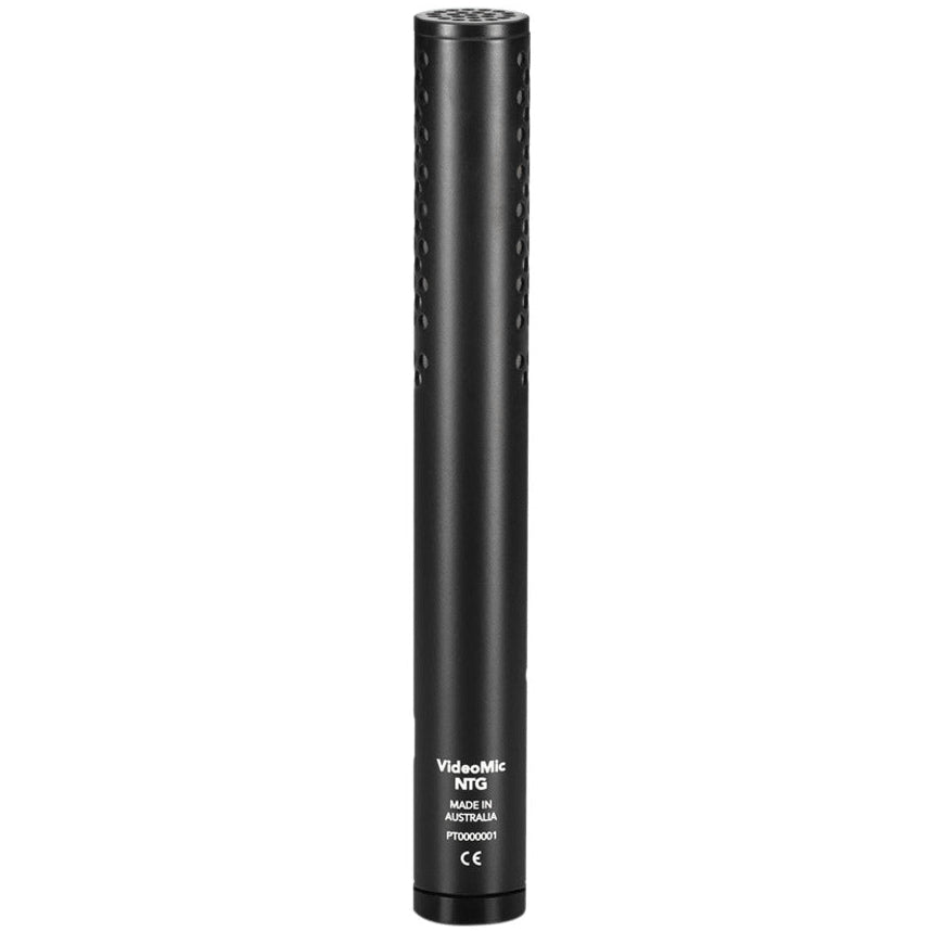 Rode VideoMic NTG camera microphone with black cylindrical design and mounting clip, suitable for professional audio recording.