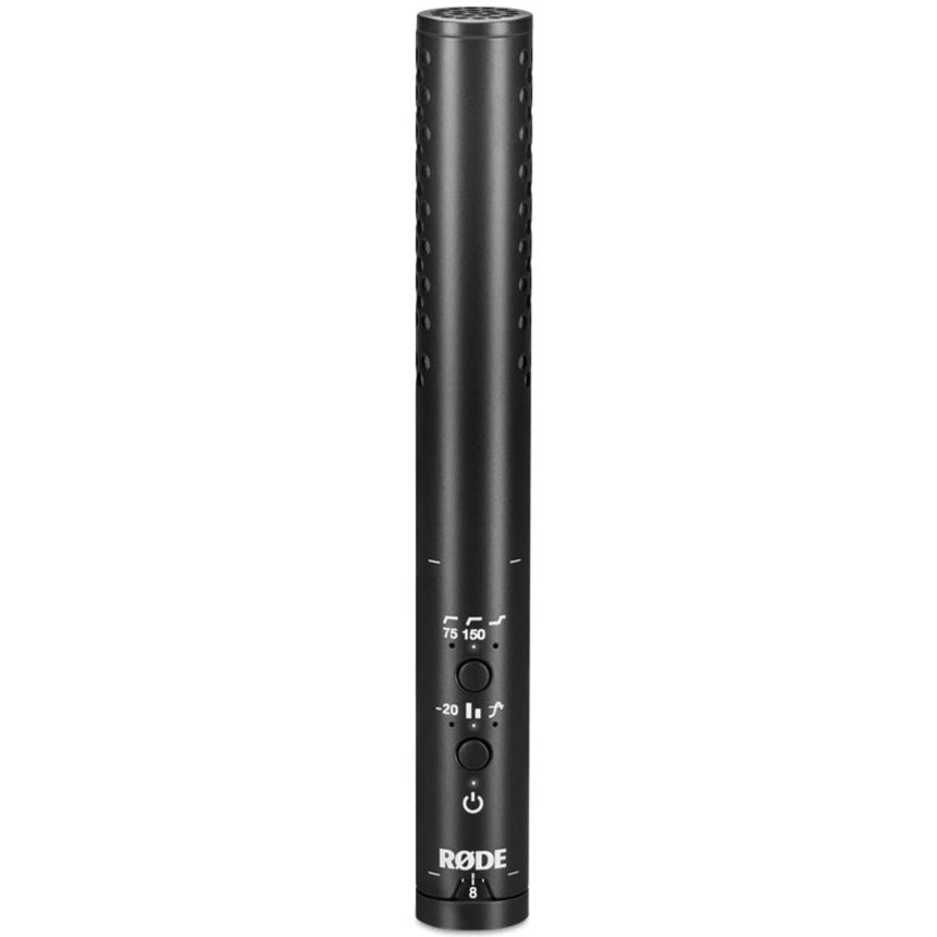 Rode VideoMic NTG camera microphone front view, compact shotgun mic with shock mount and cable for professional audio recording.