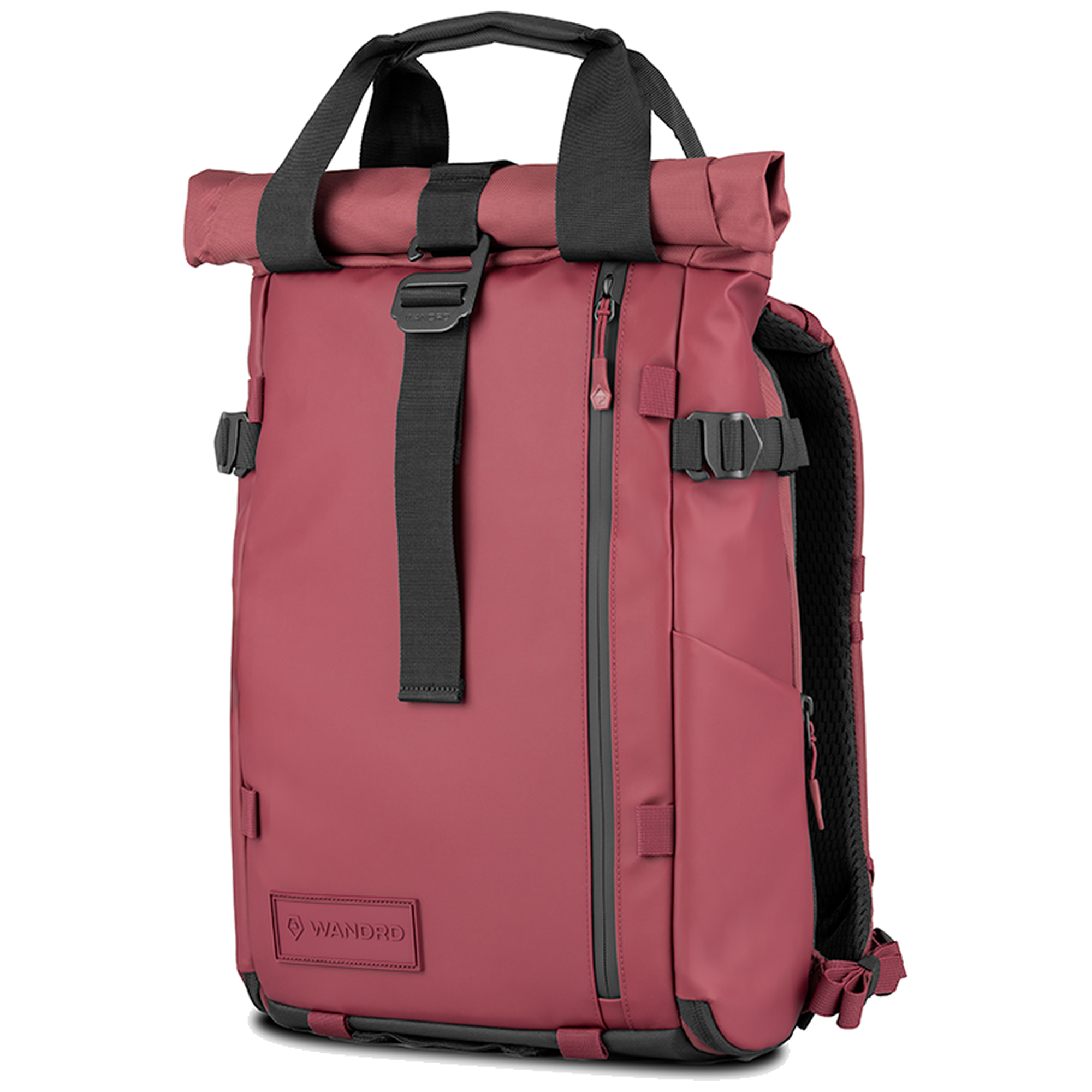 Wandrd Prvke 15L photo bundle video equipment bag with burgundy accents, angled view showing durable design and storage compartments.