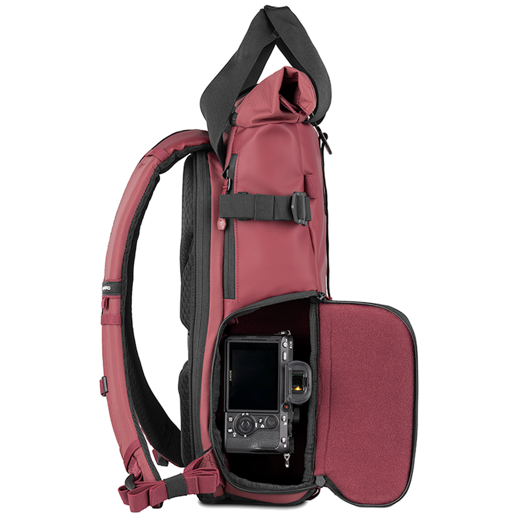 Wandrd Prvke 15L photo bundle camera bag with side access, shown in Rhone Burgundy, designed for secure video and photo equipment.