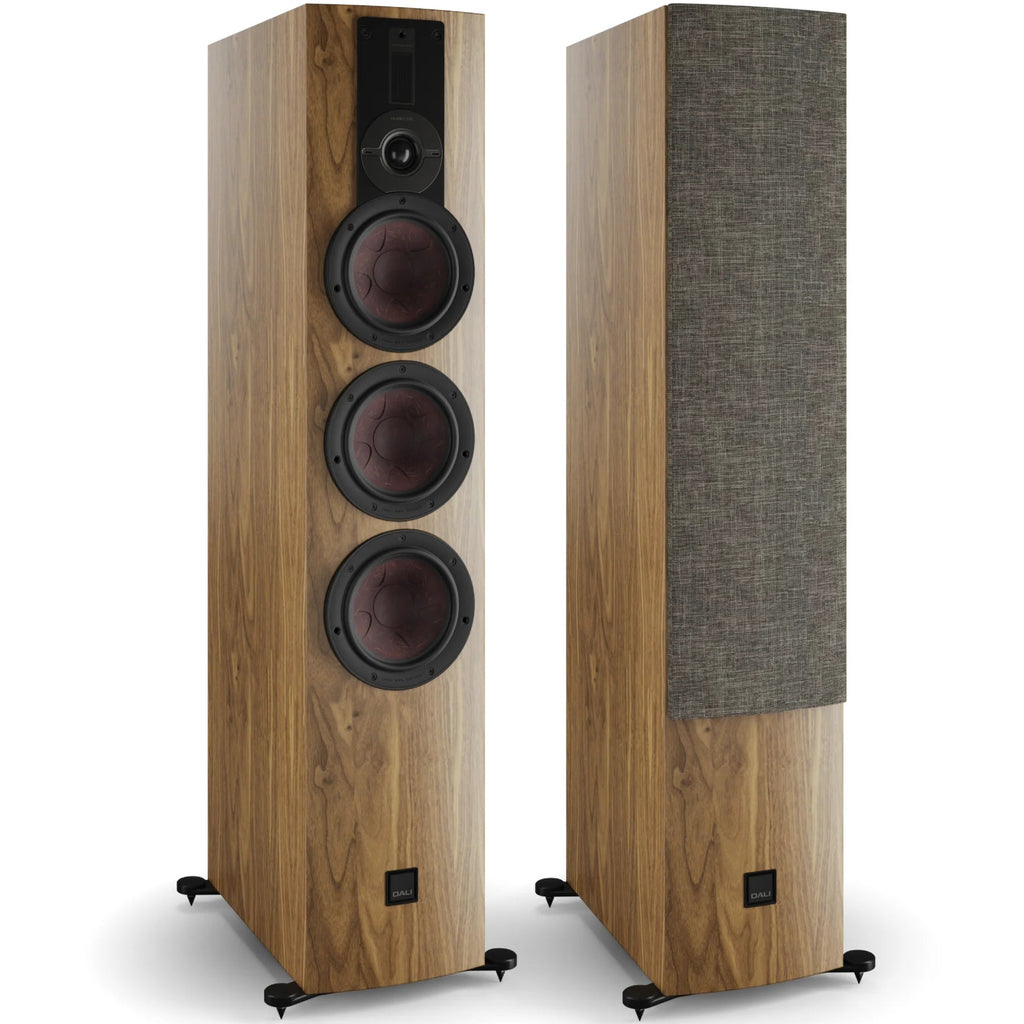 DALI Rubikore 8 passive floorstanding speakers with sleek black cabinets and modern design, ideal for high-quality home audio.