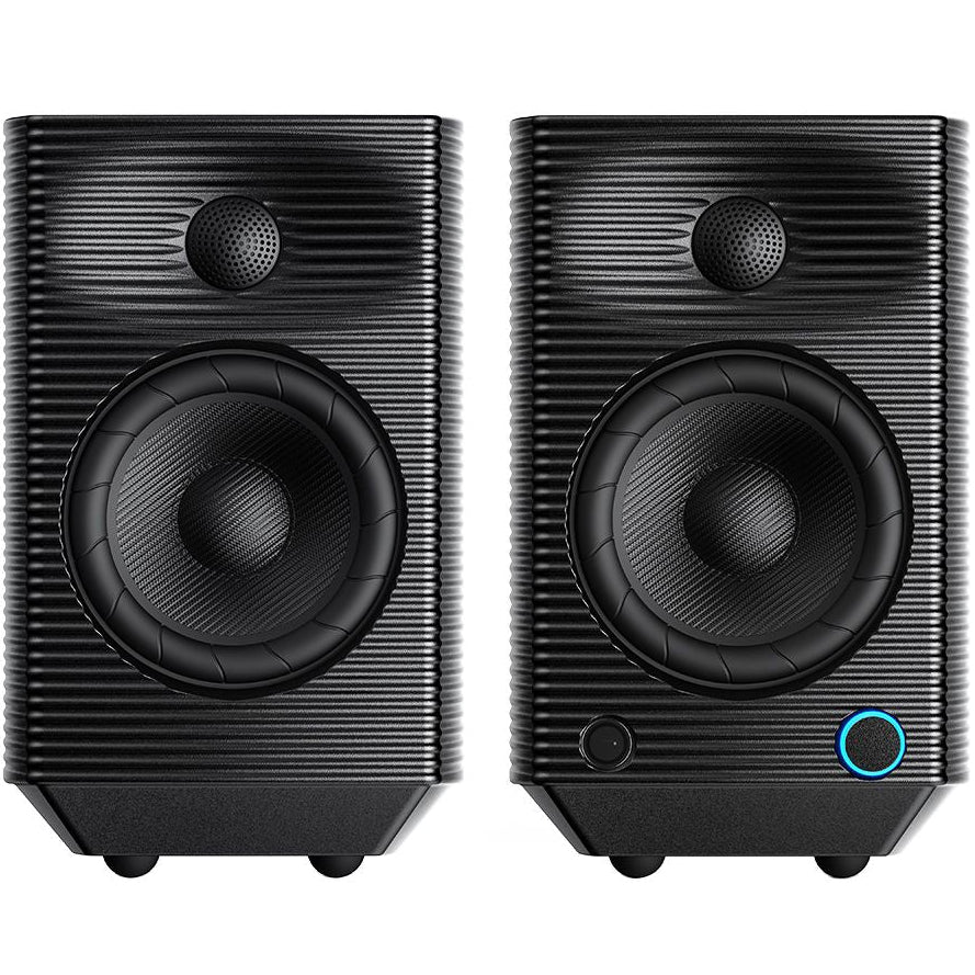 FiiO SP5 desktop speakers in sleek black finish, compact design with audio ports and control buttons visible.