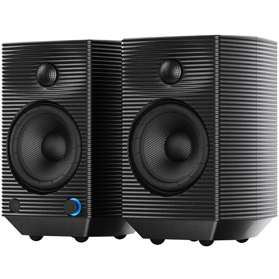 FiiO SP5 desktop speakers in black, featuring sleek design and multiple audio ports for high-quality sound output.