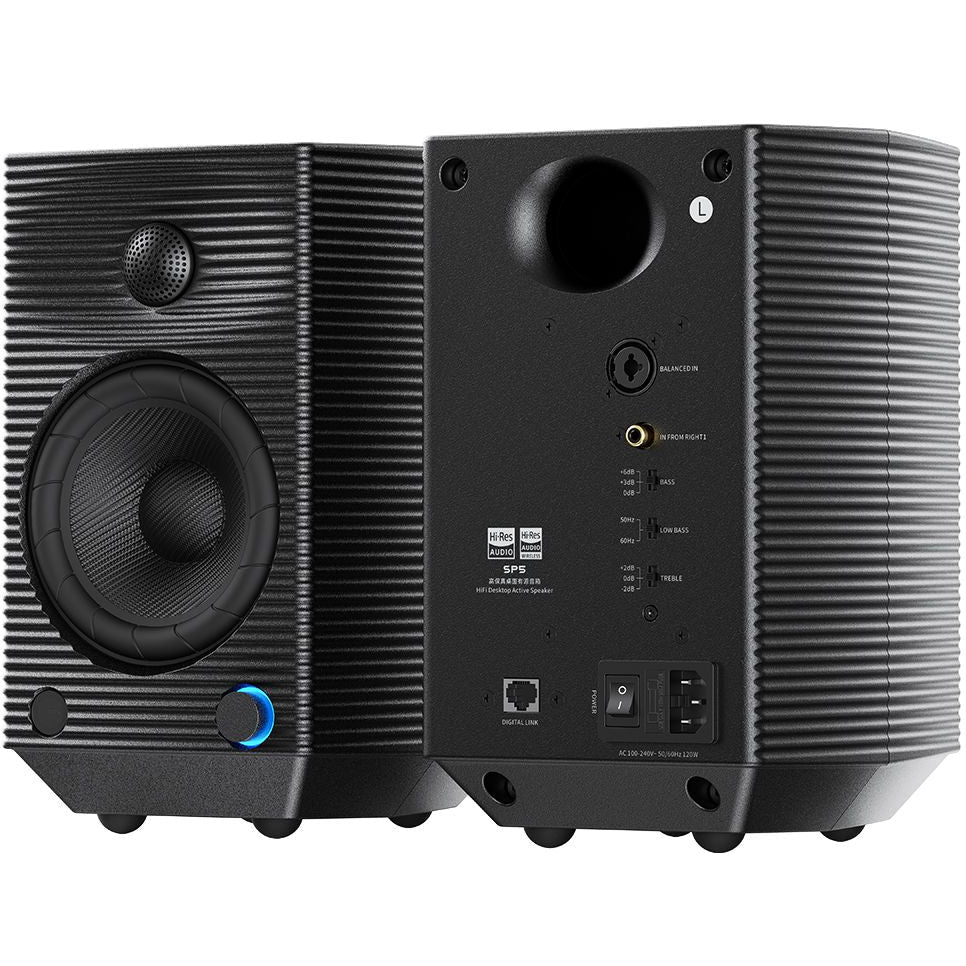 FiiO SP5 desktop speakers in black with sleek design, featuring multiple audio ports and compact size for desktop audio setup.