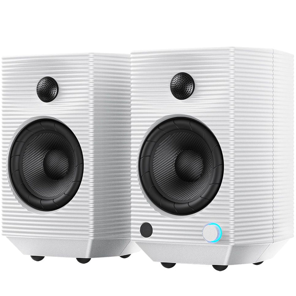 FiiO SP5 desktop speakers with sleek black design and compact form, featuring multiple audio input ports and modern aesthetic.