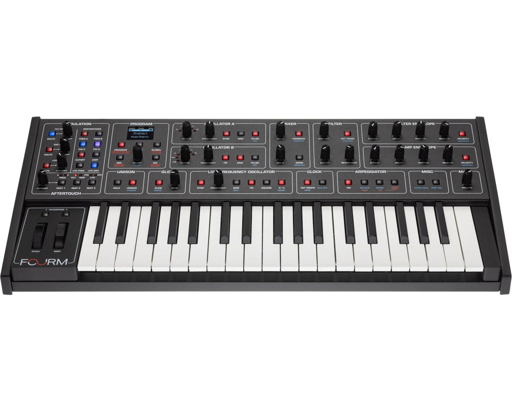 Sequential Fourm keyboard synthesizer with knobs and keys, showcasing its compact design and control panel.