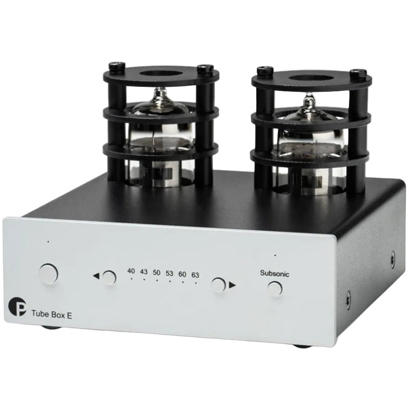 Pro-Ject Tube Box E phono preamp with vacuum tube design and black finish, ideal for high-quality vinyl record listening.