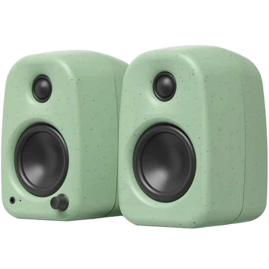 Kanto Audio UKI desktop speakers shown from front perspective, compact design with black finish and control knobs on top.